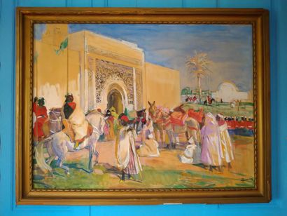 null Lucien SIMON, Les portes de Marrakech ou l'entrée dans la Medina, grande aquarelle...