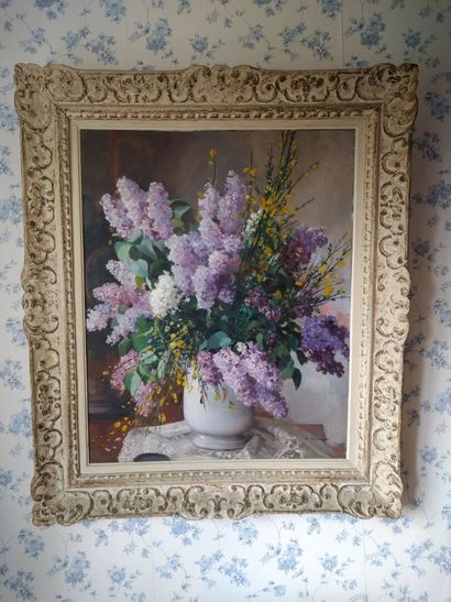 null Ecole française XIXe , Bouquet aux Lilas, Cadre Montparnasse, huile sur toile,...