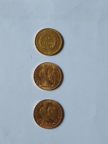 null Lot en or 750 millièmes, composé de 3 pièces de 20 francs or datées 1808, 1909...