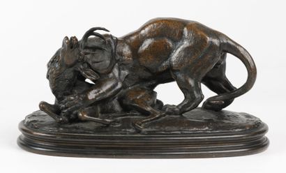 null Antoine Louis BARYE 1795 -1875 "Tigre surprenant un cerf" Bronze proof with...