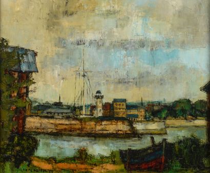 null Pierre LETELLIER "Back of Honfleur Harbor 1969" HST, SBG, titled and dated on...
