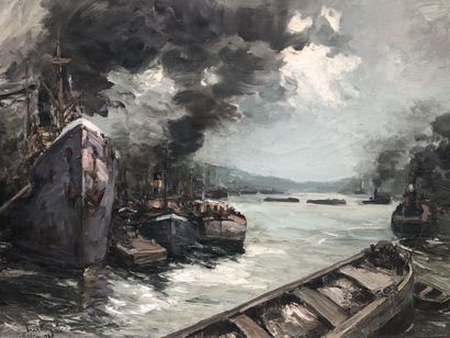 null HERBO Fernand 1905-1995 «Le port de Rouen en 1940» HST signée et datée 1940...