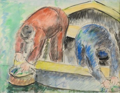 null Pierre DE BELAY «Les lavandières» datée 1937, aquarelle et crayon, SBG, 25x31...