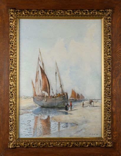 null HUET School of BERCK "Chaloupe à marée basse" watercolour, SBD and dated 1896,...