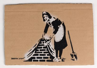 null BANKSY "La femme de ménage" aerosol stencil on cardboard 6/50. stamp : DISMALAND...