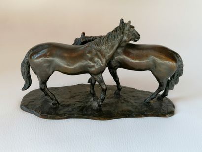 null Jean François LEROY 20th century "Couple of horses" Bronze proof with brown...