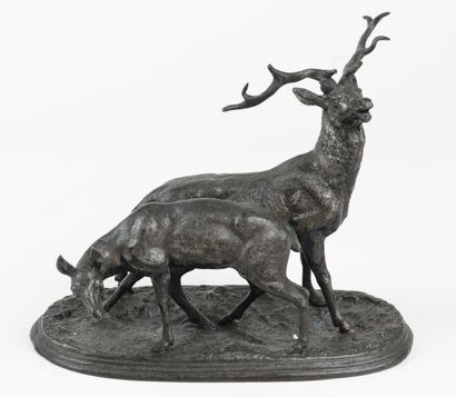 null "Stag and doe" in alloy with brown patina, H : 19 cm
