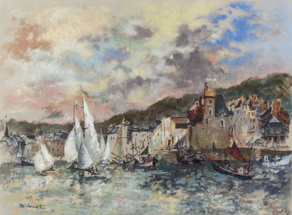 null Bernard LORIOT 1925-1998 "Sailing boats in Honfleur" pastel, SBG, 73x54cm Salon...