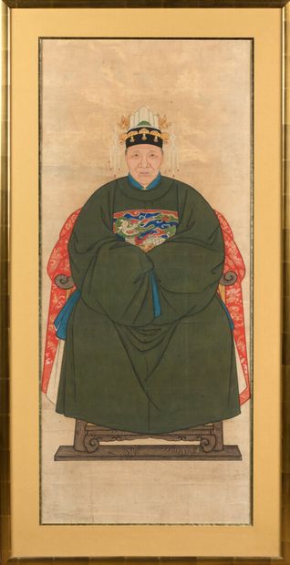 null Portrait of an ancestor, ink and polychrome on paper, depicting a woman, China,...