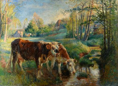null Raymond LECOURT «Les vaches au ruisseau» HST, SBG, datée 1919, 75.5x100.5cm...