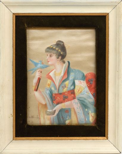 null Jacques Emile BLANCHE «Jeune femme à l'oiseau» peinture sur soie, SBG, 9,5x...