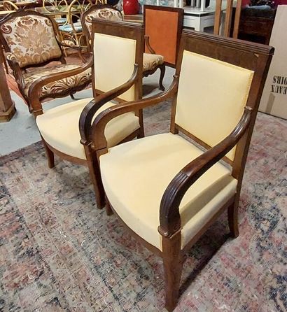 null Pair of armchairs with restored tapered legs, straight back, yellow fabric....