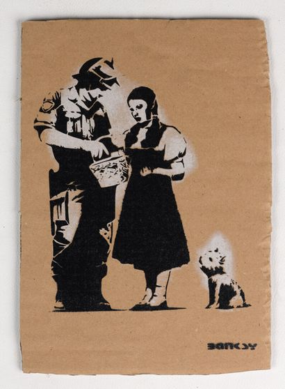 null BANKSY "The fireman, the chick and the little dog" aerosol stencil on cardboard...