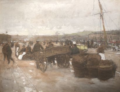 null Luigi LOIR 1845-1916 "Fishing in Boulogne sur mer, Circa 1905" Gouache signed...