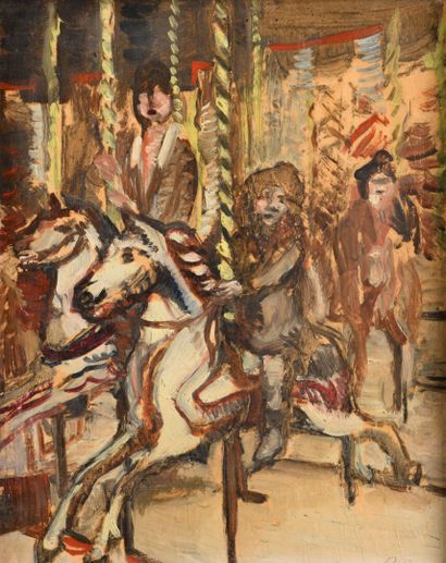 null Ecole Française «Les chevaux de bois» Peinture sur panneau, SBD, trace de signature...