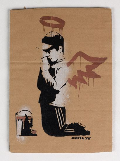 null BANKSY "Young boy praying" aerosol stencil on cardboard 10/50ex. stamp : DISMALAND...