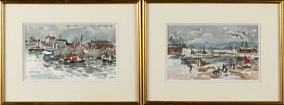 null Fernand HERBO «Sortie du port de Honfleur» et «Bateaux à quai» suite de 2 aquarelles,...