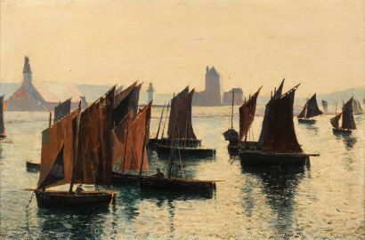 null Ch. COTTET «Le port de Camaret, les voiliers le soir tombant» HSP, circa 1890,...