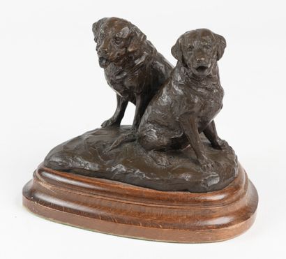 null École du XXe siècle «Deux chiens» Epreuve en bronze à patine brun foncé sur...
