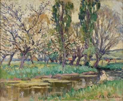 null André PREVOT-VALERI "Spring Landscape" HST, SBD, 38x46.5cm Caen Exhibition 1930...