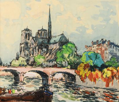 null Fernand HERBO "Notre Dame de Paris and the Archbishop's Bridge" watercolor,...