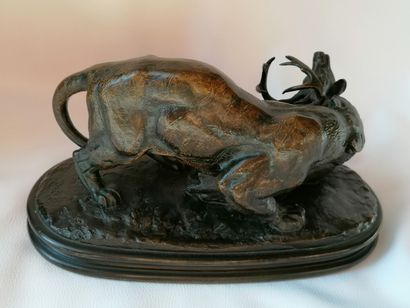 null Antoine Louis BARYE 1795 -1875 "Tigre surprenant un cerf" Bronze proof with...