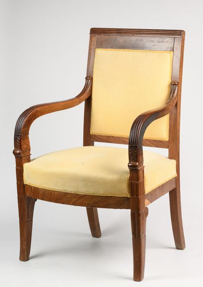 null Pair of armchairs with restored tapered legs, straight back, yellow fabric....