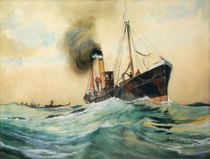null Léon HAFFNER 1881-1972 "Trawler at sea" watercolour, SBD, dated 1917 and dedicated...