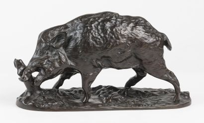 null Pierre-Jules MÊNE 1810-1879 "Wild boar rubbing its tusks on a tree trunk" Bronze...