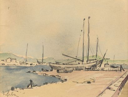 null Fernand HERBO 1905-1995 «Le port» aquarelle et crayon sur papier, SBG, 17.5x21.5cm...