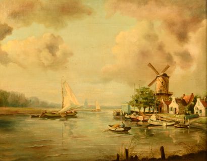 null J. CATHAAR "Landscape with a mill in a port" HST, SBG, 55x70cm