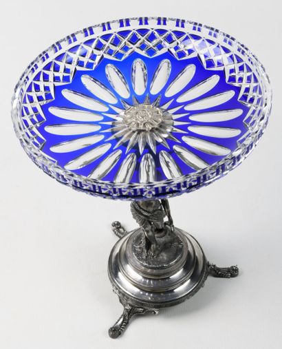 null Blue Overlay crystal bowl mounted on a silver "Woman in the Antique Style" stand,...