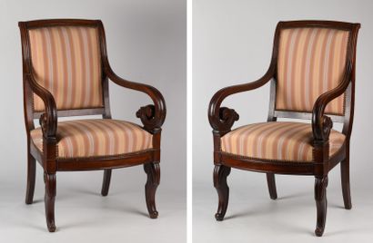 null Pair of mahogany cross armchairs with striped fabric, stamped JENSELME, Restoration...