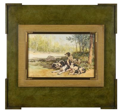 null French school XXth century "Hunting dogs at rest" watercolor on paper, SBG,...
