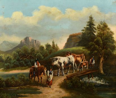 null Foreign school XIXth century "Cattle breeders" HST, re-coated, 55x65cm (small...
