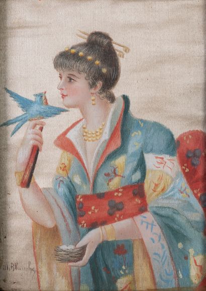 null Jacques Emile BLANCHE "Young woman with a bird" painting on silk, SBG, 9,5x...