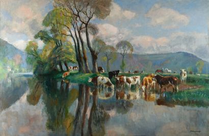 null Raymond LECOURT "Herds at the river" HST, SBD, 99x151cm (slight cracks)