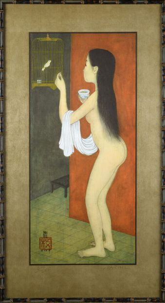 null MAI THU 1906-1980 "Nude with a golden cage" deluxe reproduction on silk satin,...
