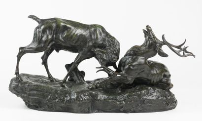 null Thomas-François CARTIER 1879 -1943 «Combat de cerfs» Épreuve en bronze à patine...