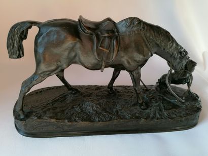 null Pierre-Jules MÊNE 1810-1879 "Mare in a stable playing with a dog" Bronze proof...