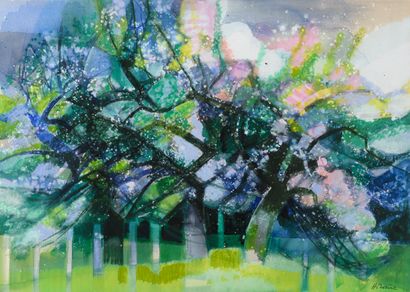 null Camille HILAIRE 1916-2004 "Apple trees in bloom" watercolor, SBD, 65x46cm Provenance...