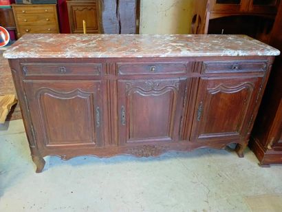 null Wooden sideboard, pink marble top, opening with three doors and three drawers,...