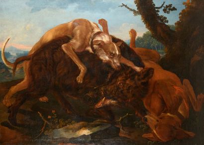 null J ROOS FECIT "Hunting Scene" HST, SBM, 1713, 110x152cm, restoration, (unfra...