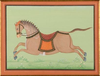 null Ensemble oriental composé de deux gouaches sur tissu représentant des chevaux...