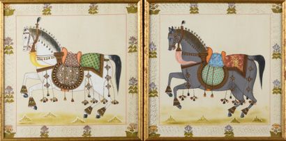 null Ensemble oriental composé de deux gouaches sur tissu représentant des chevaux...