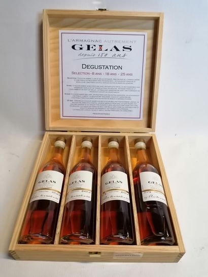 null 
ARMAGNAC, GELAS Wooden tasting box 4 bottles 20cl (8 years -18 years- 25 years)...