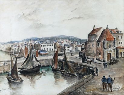 null G.GIRAULT "Honfleur les bassins" gouache et aquarelle, SBD, titré en bas à gauche...