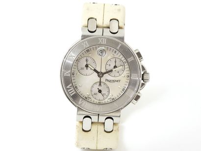 null PEQUIGNET Steel chronograph watch, 3-counters mother-of-pearl dial with luminescent...
