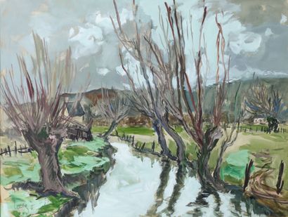 null Fernand HERBO "Willows by the river" watercolor and gouache rehauts pasted on...