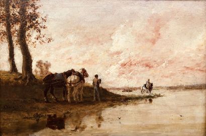 null Jules Jacques VEYRASSAT (1828-1893) "Les chevaux au bord de l'eau" HSP, SBG,...